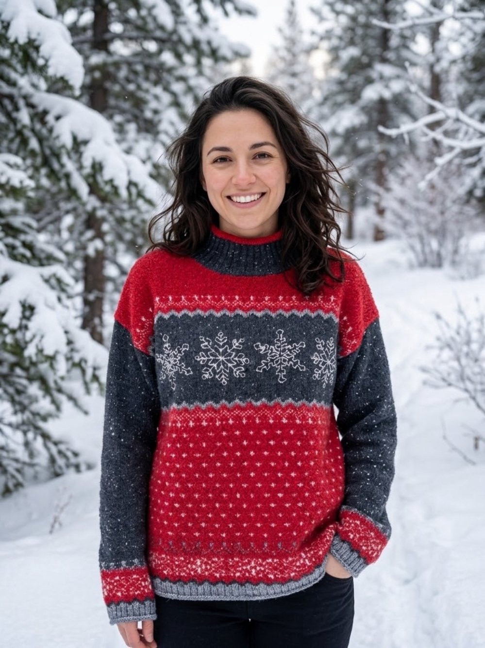 Women’s Jones New York Red Charcoal Snowflake wool Crewneck Sweater Sz XL